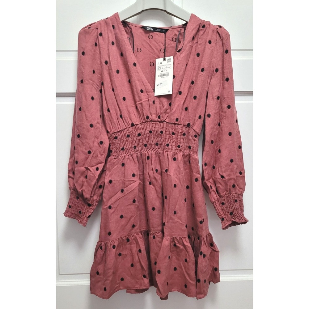 Zara Women's Long Sleeve V-Neck Smock Waist Mini Dress - Polka Dot Mauve - XS